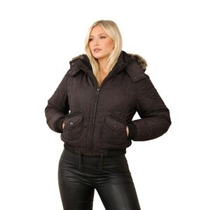 Rue21 Womens Brown Quilted‎ Puffer Jacket Faux Fur Hood Bomber Coat XL